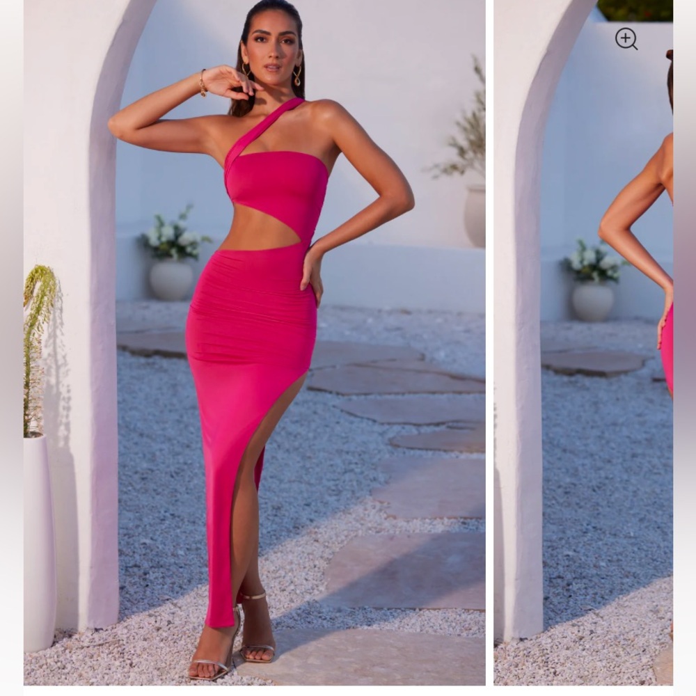 Oh Polly Asymmetric Neckline Ruched Cut Out Maxi Dress